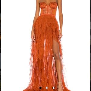 X Revolve Bustier gown in color rust. Size:M